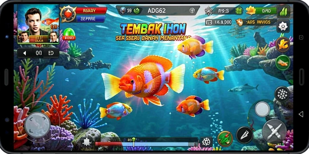 Screenshot gameplay ADG62 dengan aksi menembak ikan yang dinamis.