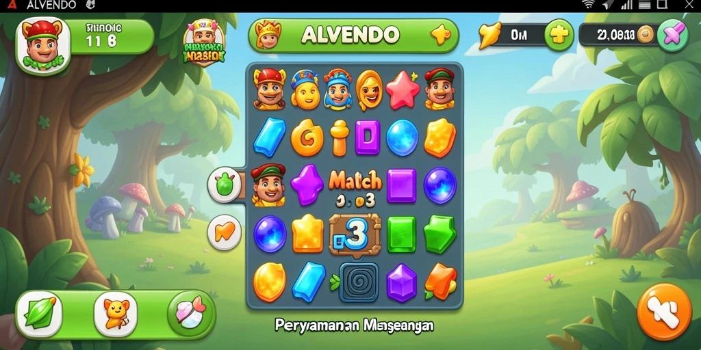 Screenshot gameplay seru ALVENDO, menampilkan aksi Match-3 yang memikat.