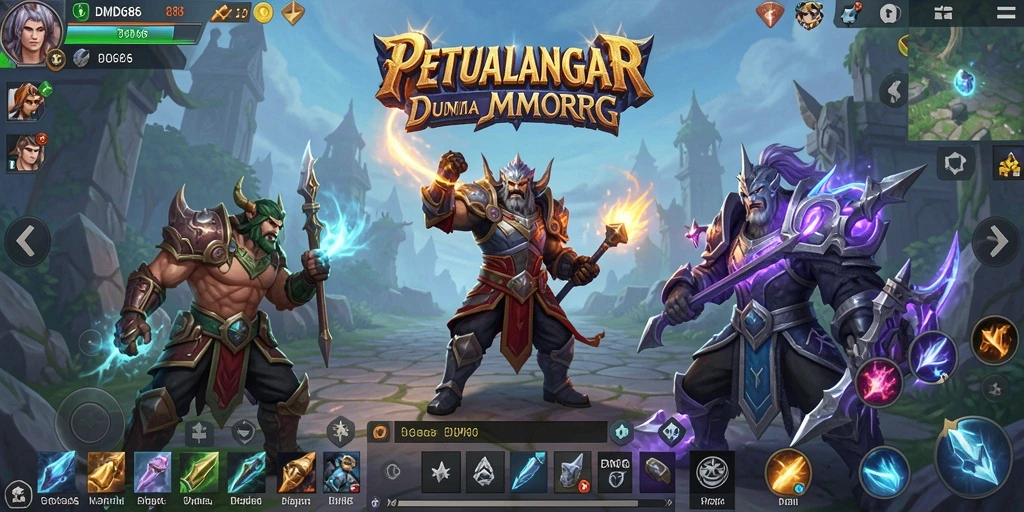 Screenshot gameplay DMD686 menampilkan berbagai karakter dan dunia MMORPG yang epik.
