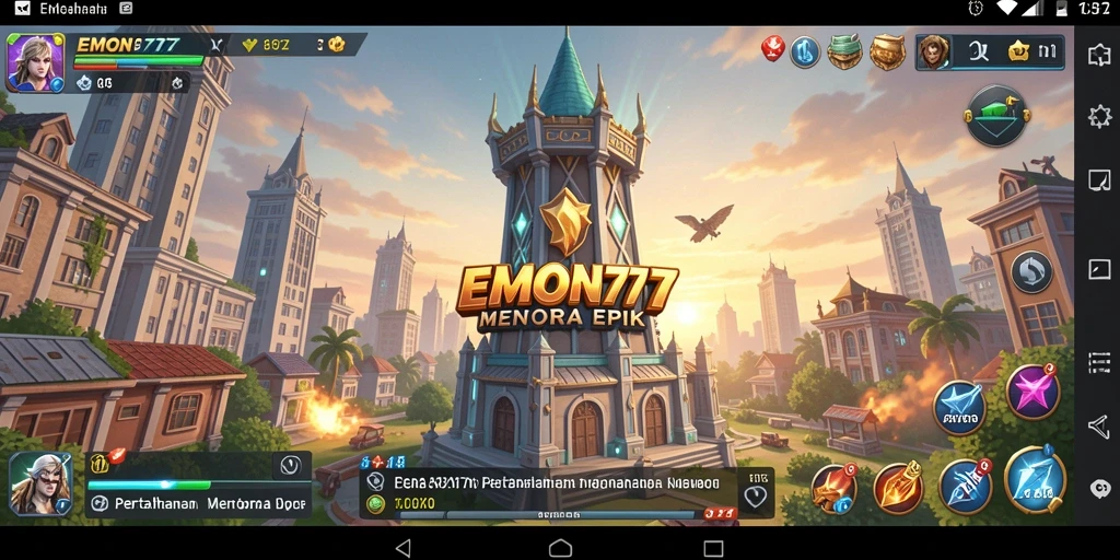 Screenshot gameplay menara dan musuh dalam EMON777.