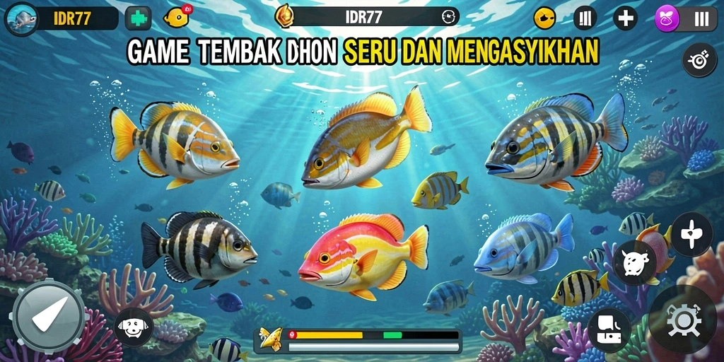 Screenshot permainan IDR77 menampilkan aksi menangkap ikan yang seru.