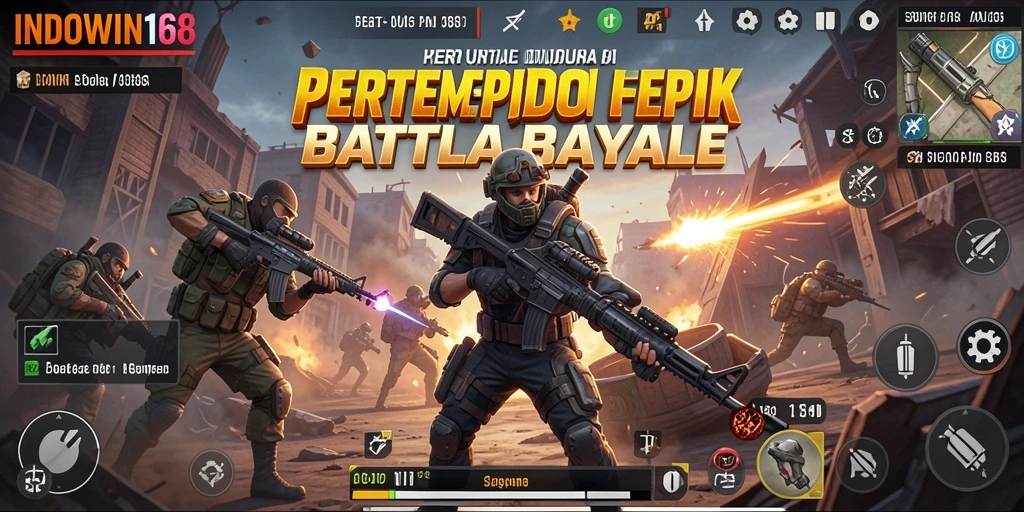 Screenshot utama INDOWIN168 menampilkan aksi pertempuran Battle Royale yang mendebarkan.