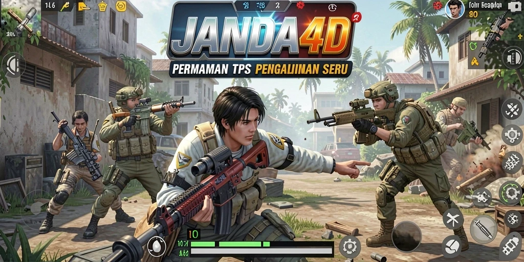 Tangkapan layar permainan JANDA4D menampilkan aksi tembak-menembak seru dalam TPS.
