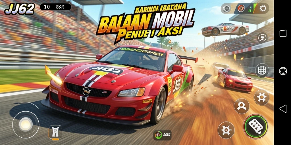 Tampilan utama gameplay <strong>JJ62</strong> yang menampilkan balapan mobil yang seru.