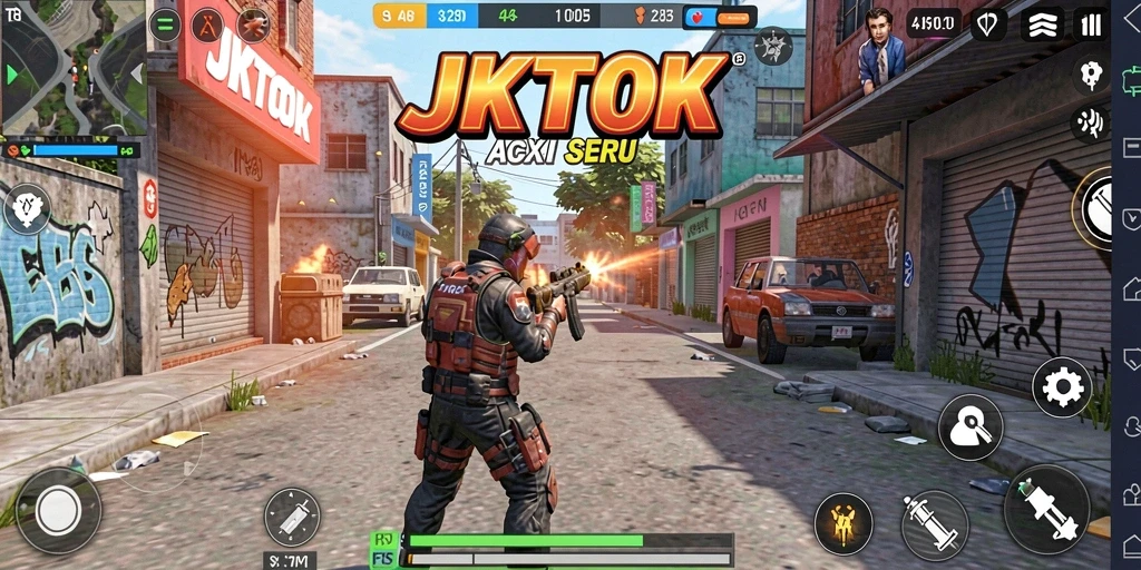 Screenshot utama JKTOK menunjukkan aksi gameplay TPS yang mendebarkan.