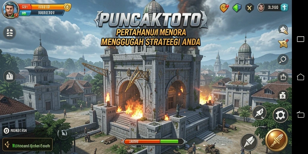 Screenshot gameplay PUNCAKTOTO menunjukkan serangan menara yang epik.