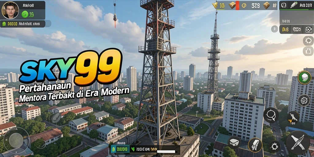 Screenshot utama SKY99 menampilkan aksi pertahanan menara yang menegangkan.