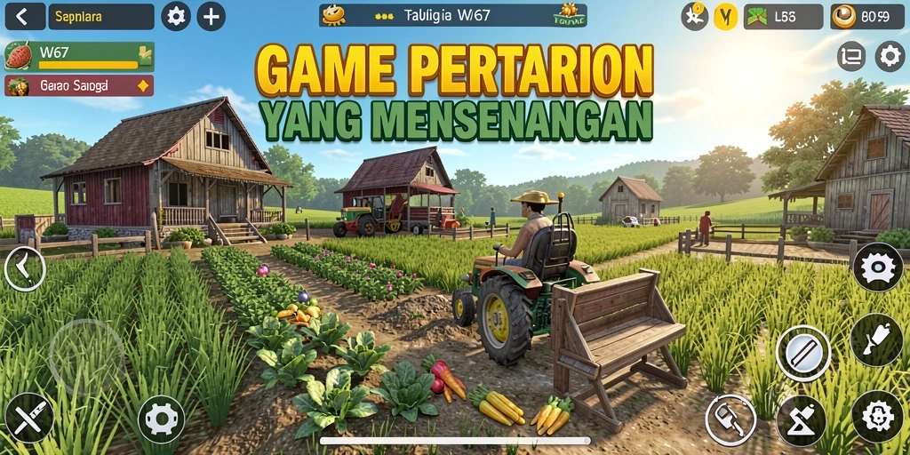 Screenshot utama W67 menampilkan gameplay pertanian yang seru.